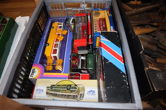 A Sun Star 1:24 scale Routemaster Green Line Bus, No. 1465/5000 and a collection of diecast models of buses and coaches